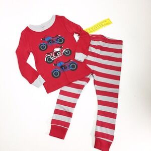 2T Toddler Boys Motorcycle Pajamas Long Sleeve Shirt Pant PJ Set Red Gray Stripe